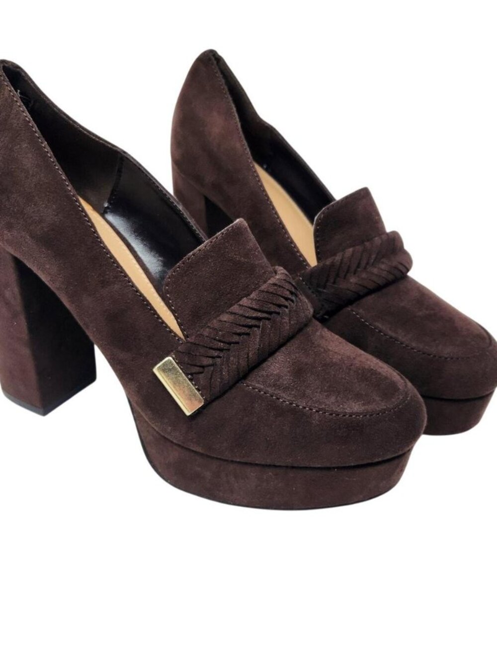 NWT Just Fab JF Brown Suede Adele Braided Slip On Heeled Loafers Pump Size 6.5